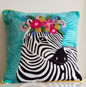 Kussen Zebra met bloemen - blauw