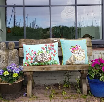 Cushion with cat in flower garden 40x60 - blue