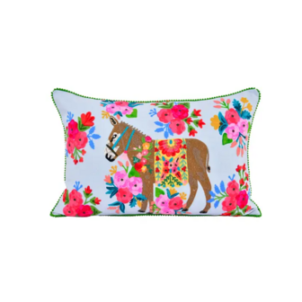 Decorative cushion with embroidered donkey and flowers - 16x24&quot;