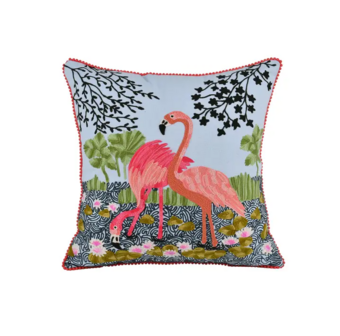 Decorative cushion with embroidered flamingos - 18x18&quot;