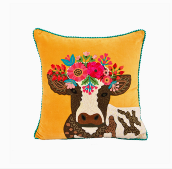 Hand embroidered cow with flower wreath cushion - Yellow 45x45