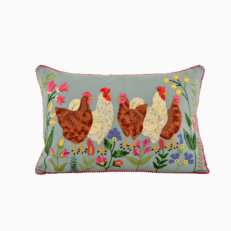 Cushion embroidered roosters and flowers - sage green 16x24&quot;