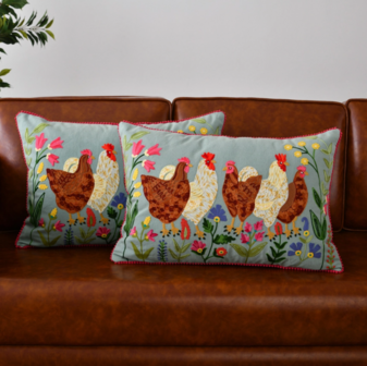 Cushion embroidered roosters and flowers - sage green 16x24&quot;