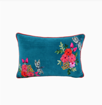 Blue dragonfly cushion with hand-embroidered flowers - 16x18&quot;