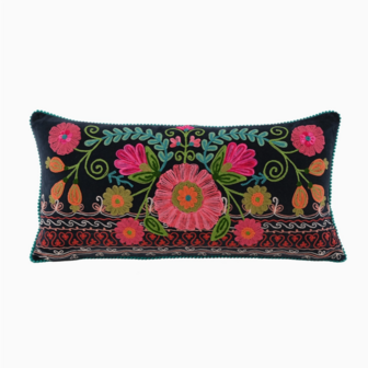 Navy blue hand embroidered floral cushion - Navy blue 12x24&quot;