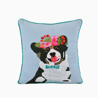 Corduroy cushion with embroidered dog - 18x18&quot;