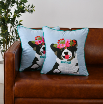 Corduroy cushion with embroidered dog - 18x18&quot;