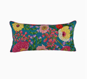 Hand embroidered autumn flowers cushion - 24x14&quot;