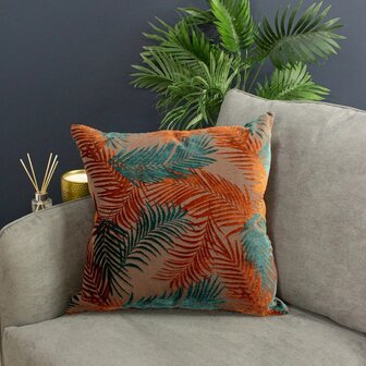 Palm Grove fluwelen jacquardkussen groenblauw/roest  50 x 50 cm