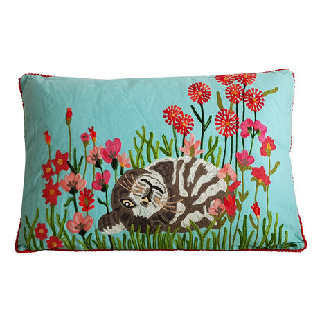 Cushion with cat in flower garden 40x60 - blue