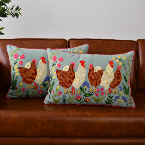 Cushion embroidered roosters and flowers - sage green 16x24"