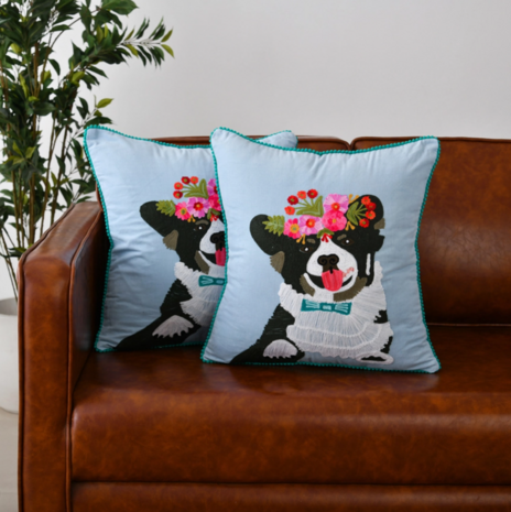 Corduroy cushion with embroidered dog - 18x18"