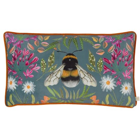 House of Bloom Zinnia Bee rectangular cushion steel blue 11.8 x 19.7 inch