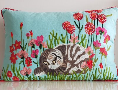 Cushion with cat in flower garden 40x60 - blue