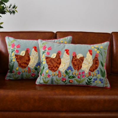 Cushion - Hand embroidered roosters and flowers - sage green - 16x24 inch