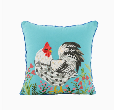 Throw pillow - Embroidered rooster with flowers - Blue - 18x18 inch