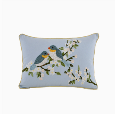 Light blue cushion with hand-embroidered birds - 14x20