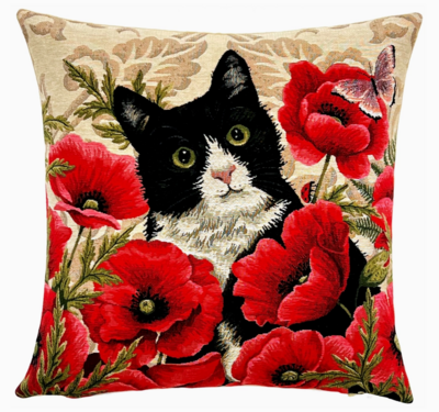 Cat and poppies cushion cover - 18x18