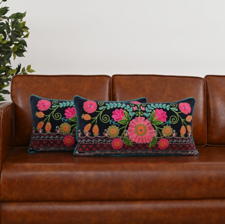 Navy blue hand embroidered floral cushion - Navy blue 12x24