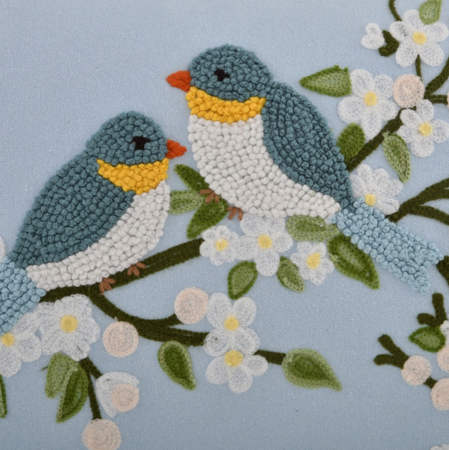 Light blue cushion with hand-embroidered birds - 14x20