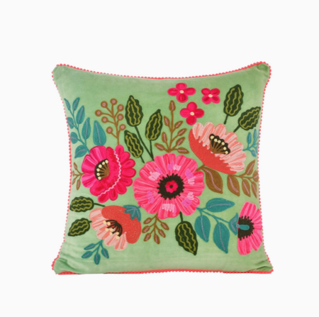 Hand geborduurd Aqua kussen met bloemen - 45x45